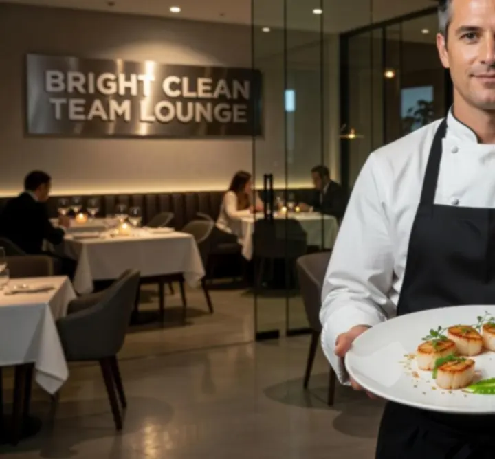 Chef présentant un plat raffiné dans la salle contemporaine du Bright Clean Team Lounge