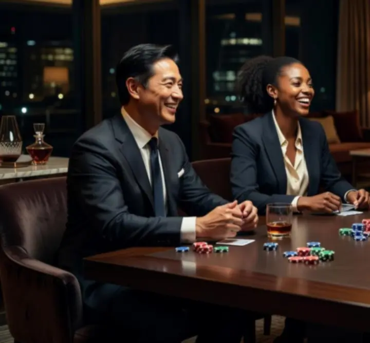 Groupe de joueurs de poker souriants après un tournoi