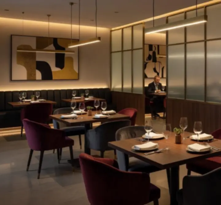 Salle de restaurant moderne avec ambiance lounge et tables élégantes