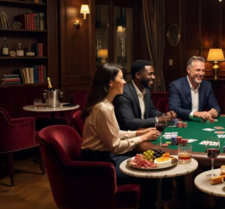Joueurs de poker souriants autour d’une table dans une ambiance chaleureuse