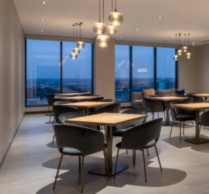 Vue du Bright Clean Team Lounge : espace élégant mêlant restaurant et salle de poker.