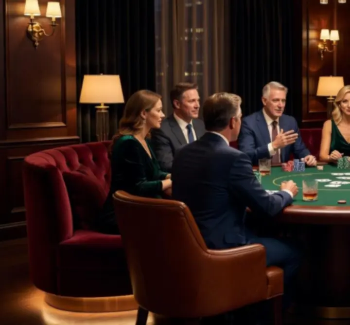 Joueurs concentrés autour d'une table de poker dans un lounge élégant