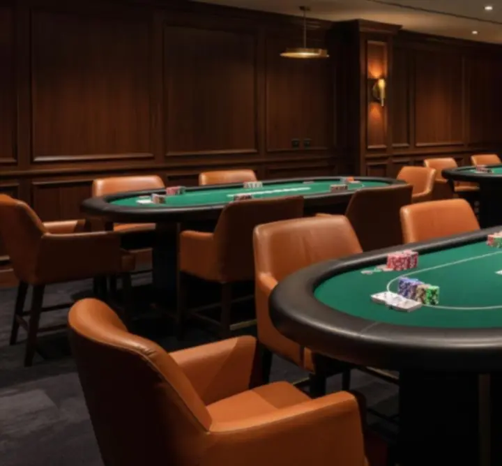 Salle de poker privée avec tables et fauteuils confortables.