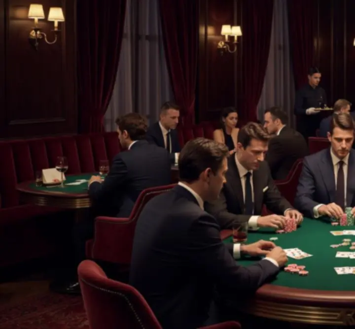 Salon de poker avec ambiance tamisée et tables élégantes